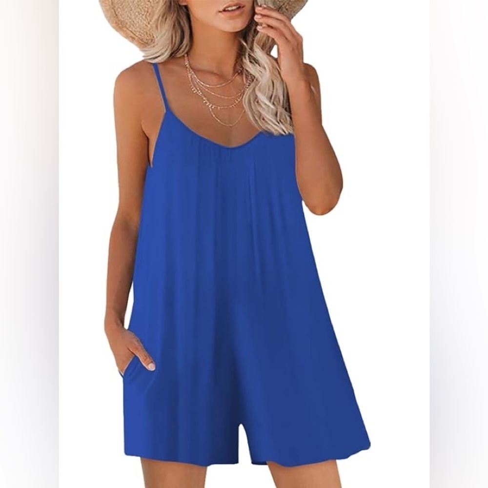 Hers & Mine NWT Women’s blue medium spaghetti adjustable strap flowy romper